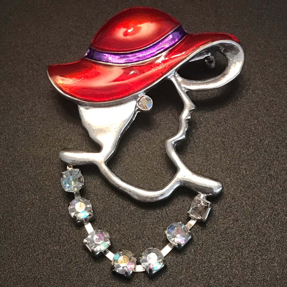 Lady Brooch with Enamel Red Hat